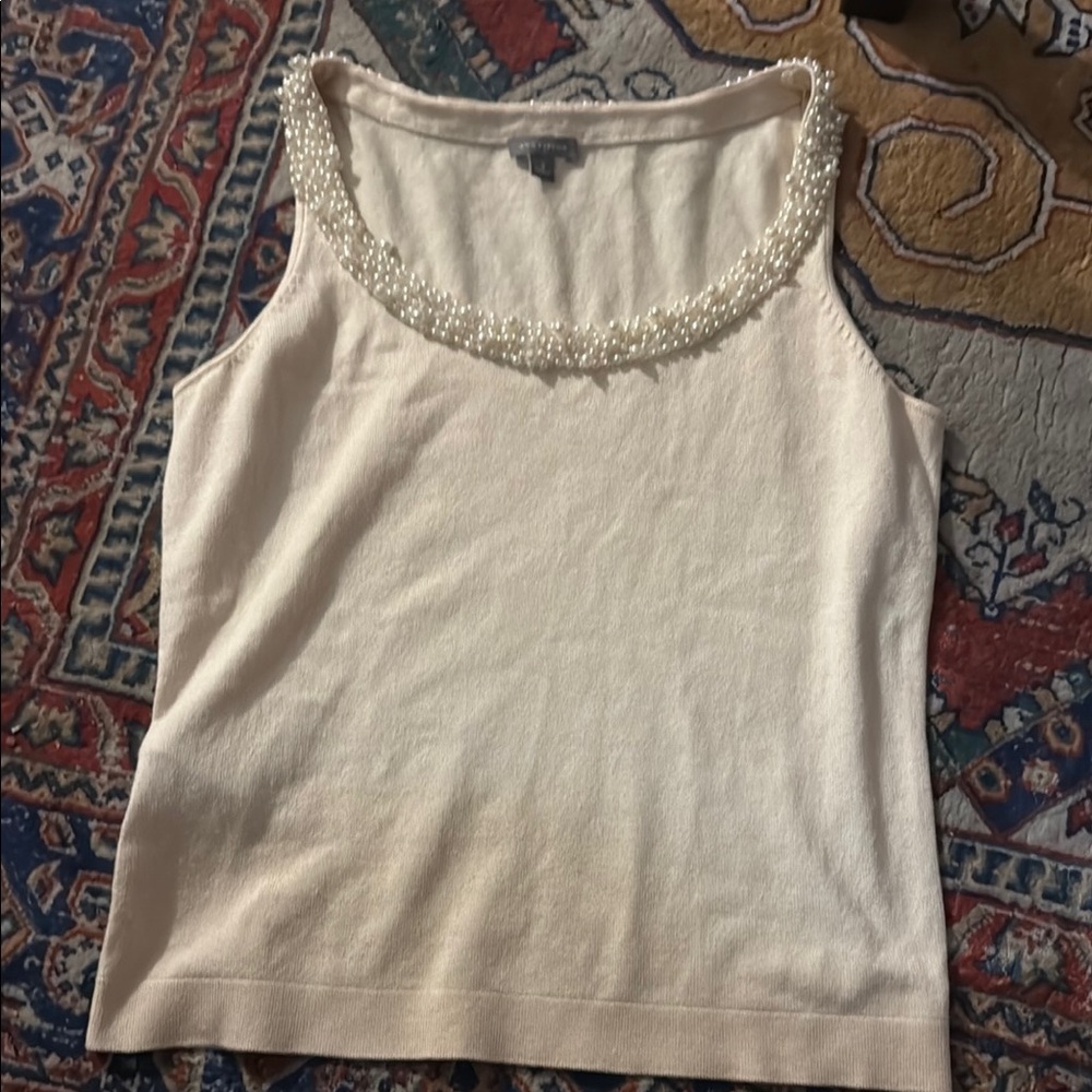 Elegant Cream Sleeveless Top with Pearl Detailing